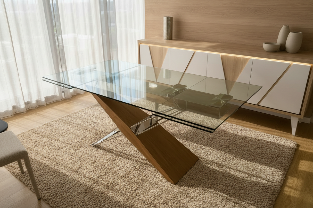 Table à manger Fely en verre extensible - vue de côté avec pieds bois noyer