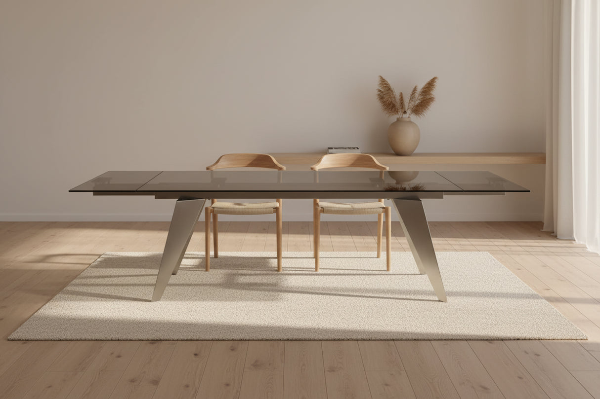 Andrea table en verre extensible inox brossé – configuration ouverte 280 cm