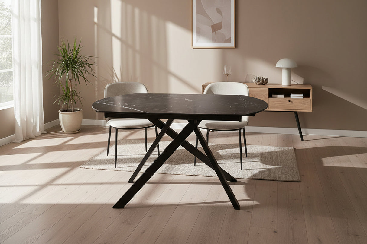 Stromboli table extensible céramique marbre – vue en situation salle à manger, finition blanc