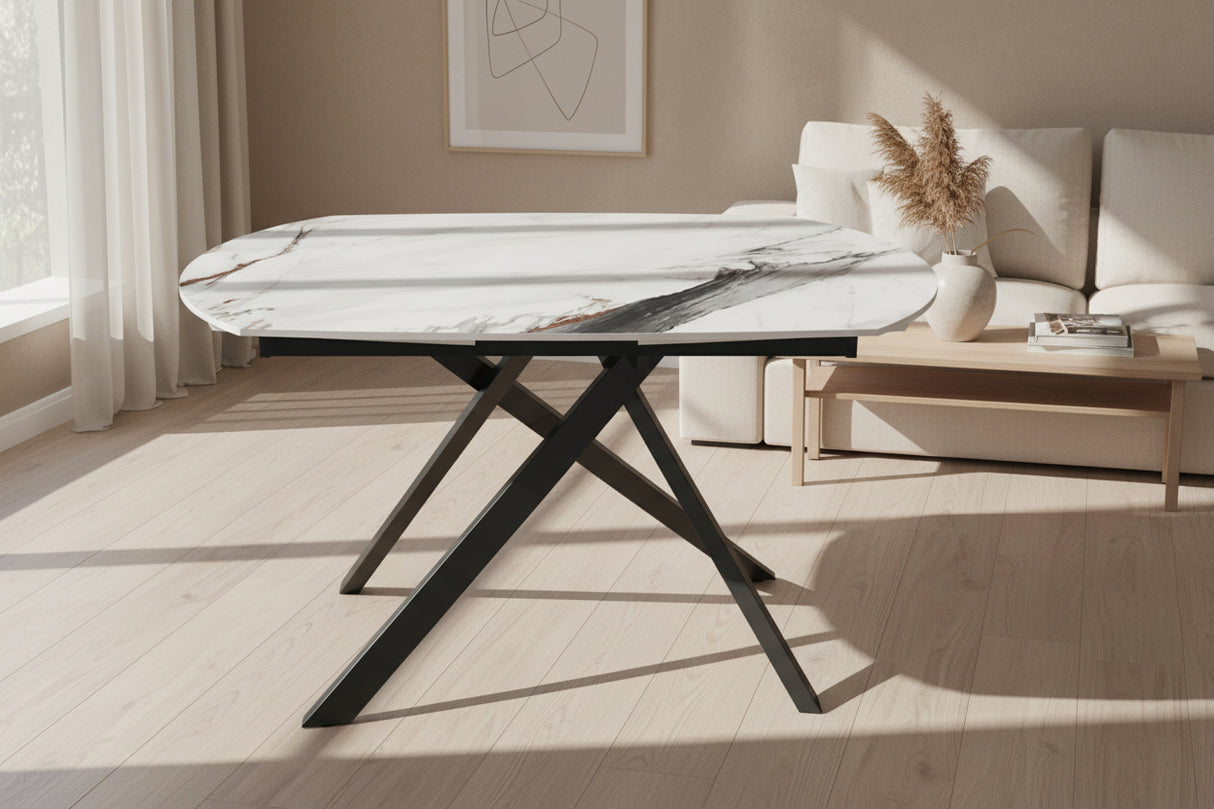 Stromboli table céramique marbre extensible – configuration ouverte 190 cm, vue de trois quarts