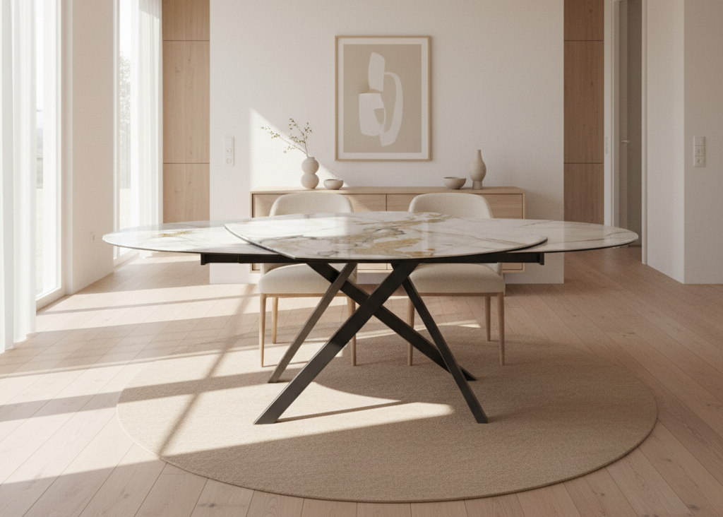 Stromboli table céramique extensible – vue de face configuration fermée, finition marbre blanc