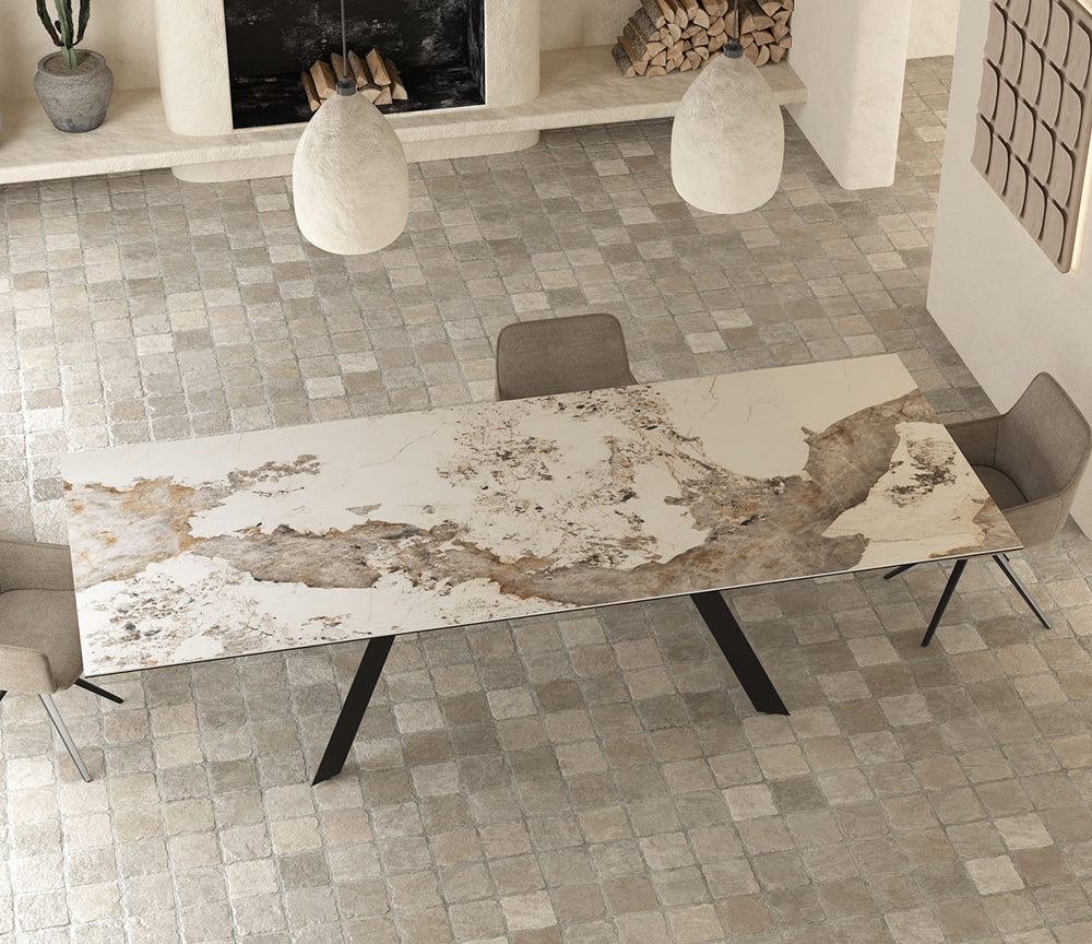 Ontario XL table extensible céramique – zoom plateau marbre Calcatta et chant 6 mm