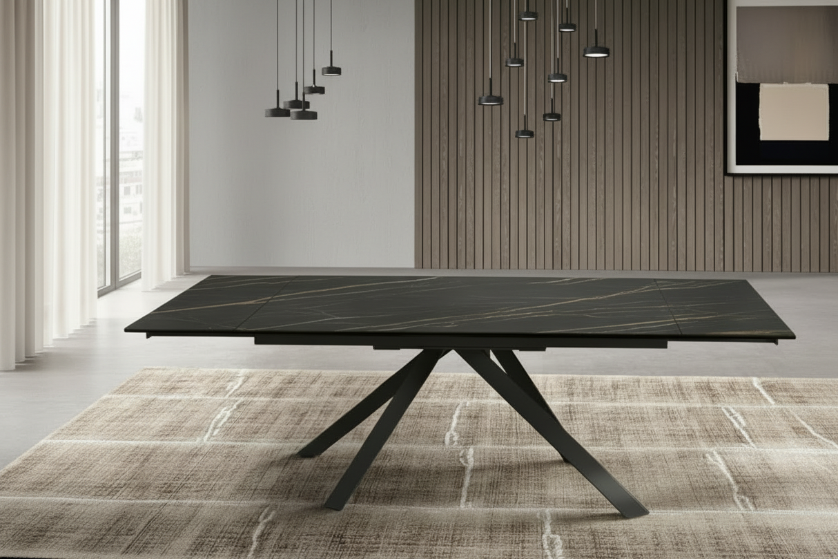 Nestory table extensible céramique marbre noir mat – vue de face configuration fermée 160 cm