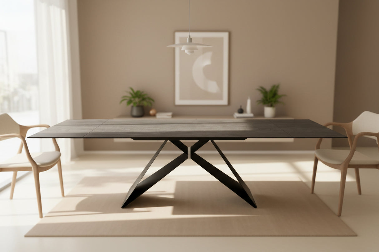 Table céramique extensible Eddy vue de face – ouverte – 12 personnes – grise effet ardoise - lievens