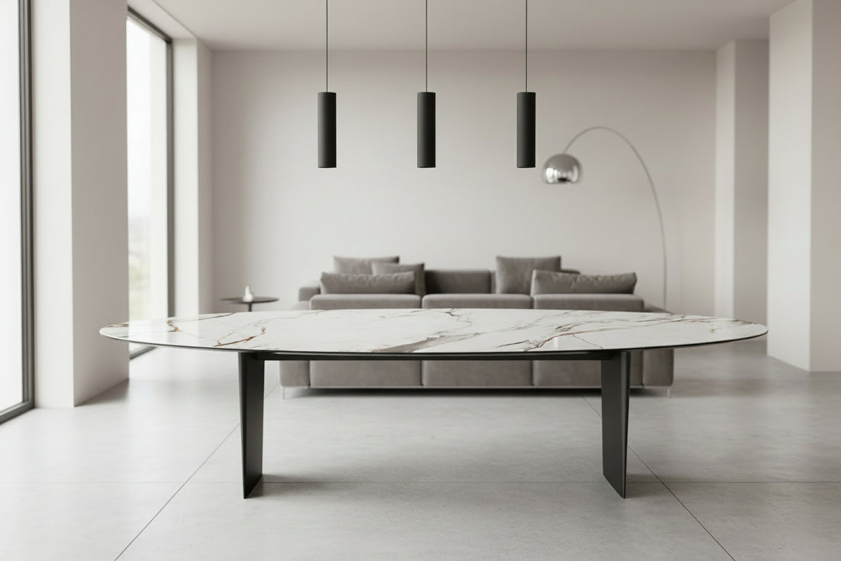 Goliath table céramique ovale pieds aluminium noir mat – vue de face, format grand gabarit