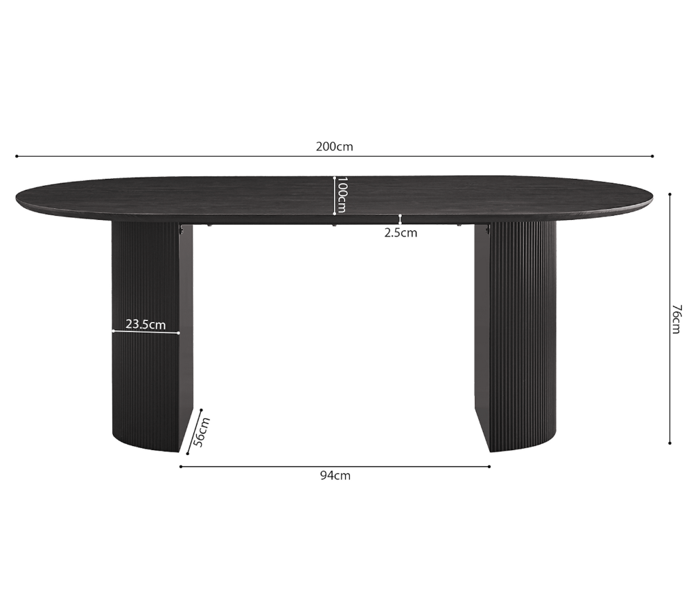 Schéma dimensions table ovale Lagosy 200x100x75 cm - pieds colonnes cannelés noirs