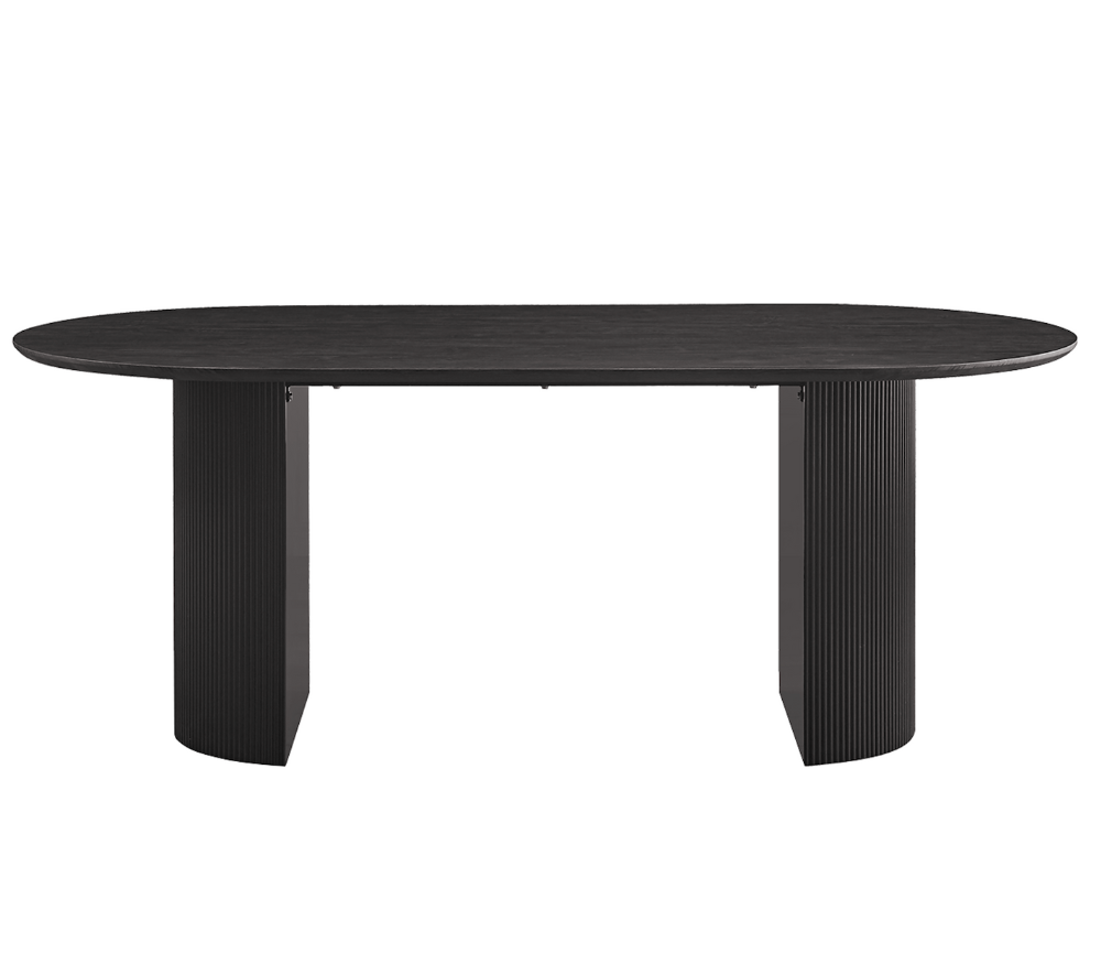 Table à manger ovale noire Lagosy – plateau effet bois 3D et pied design vue de face