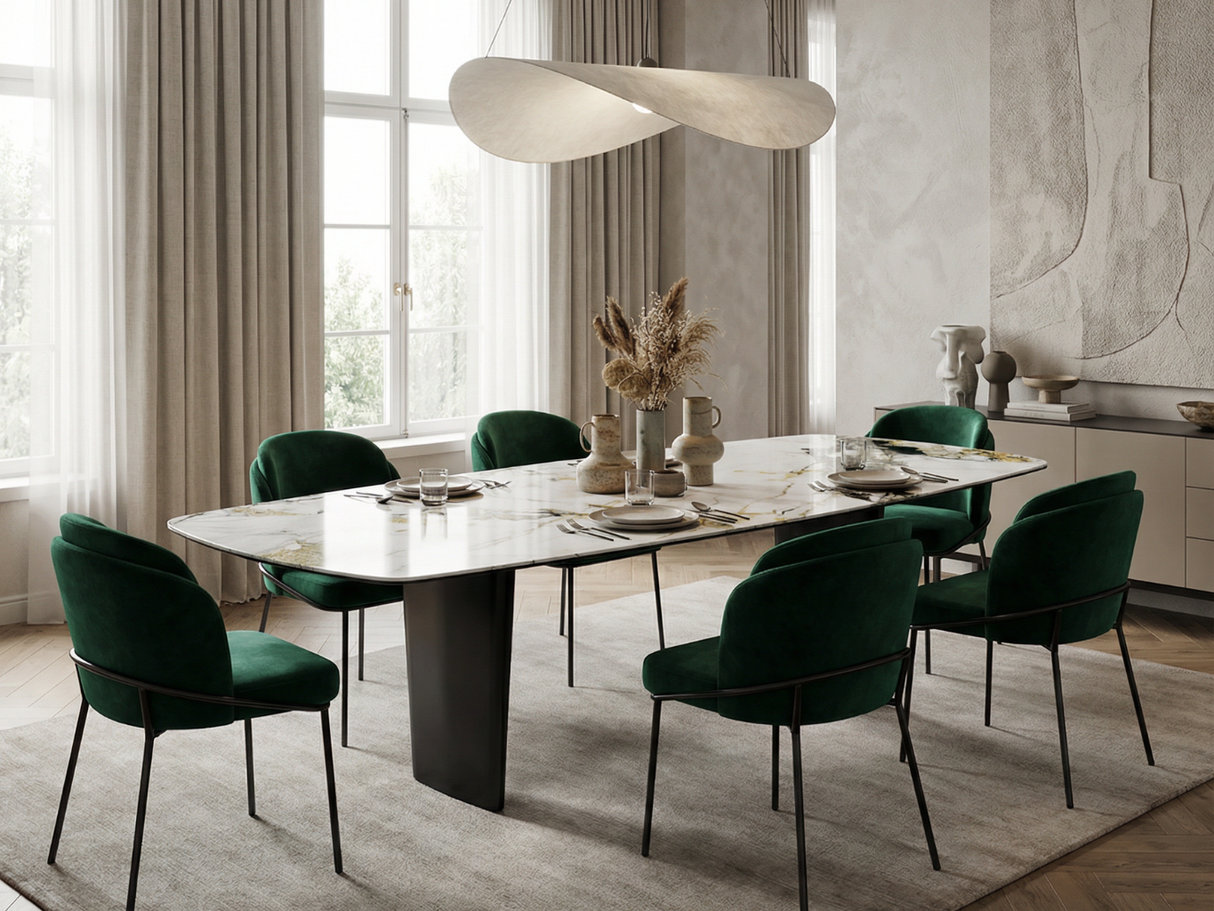 Auguste table céramique ovale marbre – vue ambiance salle à manger contemporaine 12 personnes