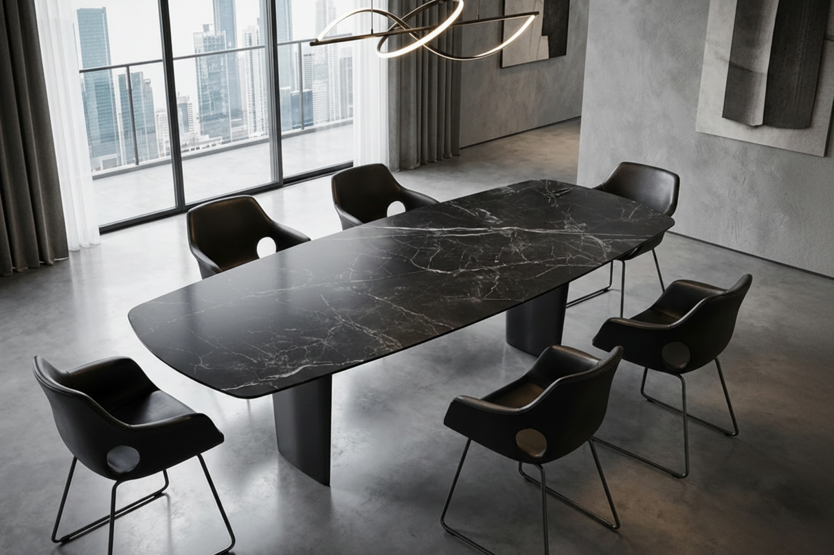 Auguste grande table céramique marbre – vue en ambiance salle à manger spacieuse