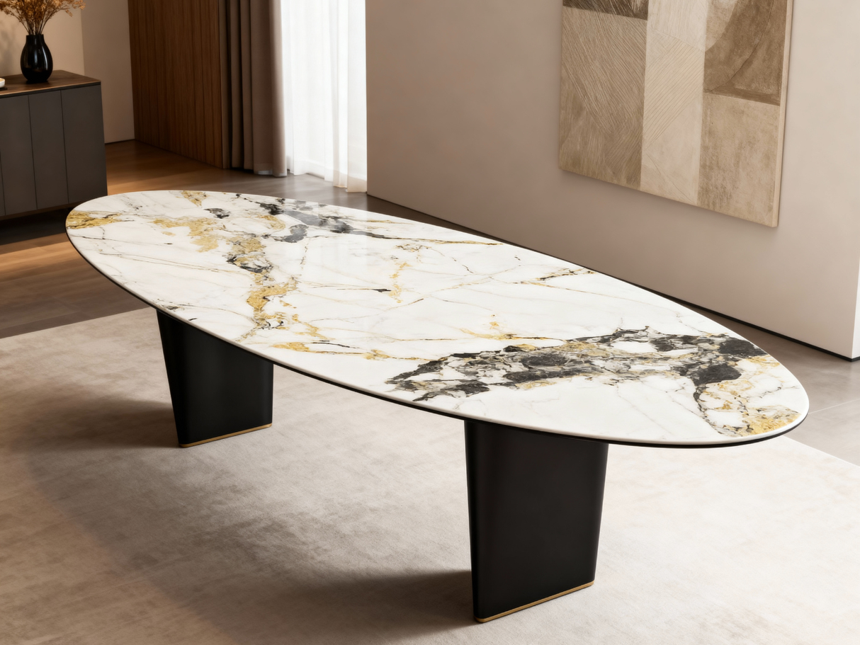 table ceramique ovale en marbre dans une salle a manger