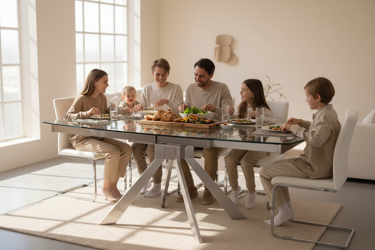 table a manger en verre extensible et pieds métal - eda concept