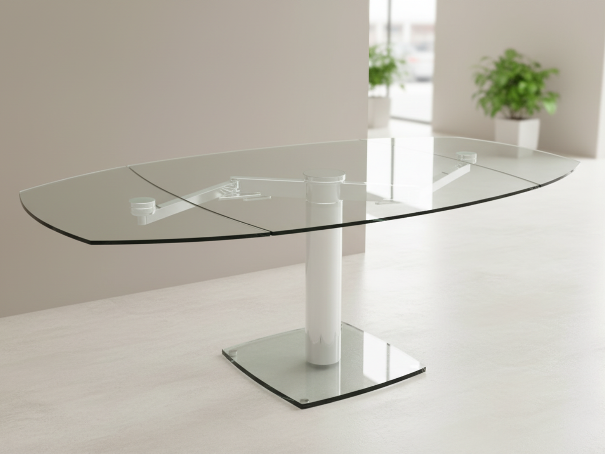Table Gia extensible en verre trempé transparent avec pied central chrome - design moderne