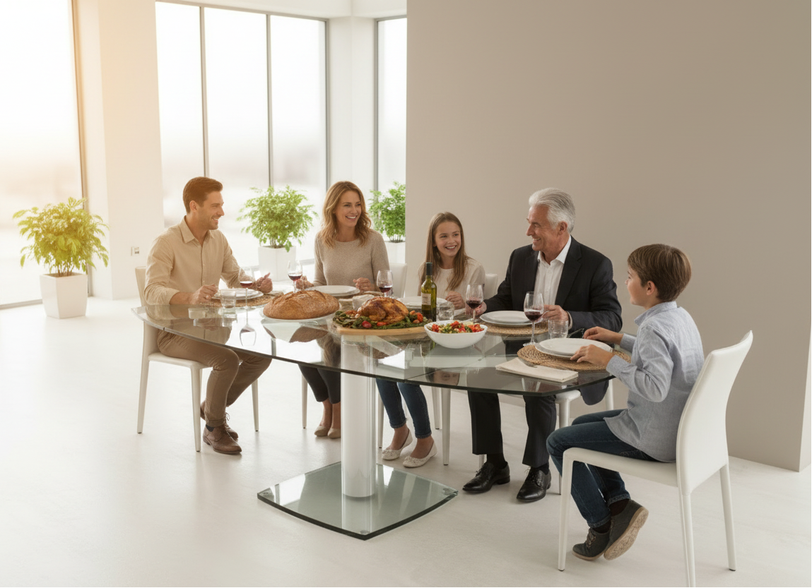 Table Gia extensible en verre trempé transparent avec pied central chrome - design moderne