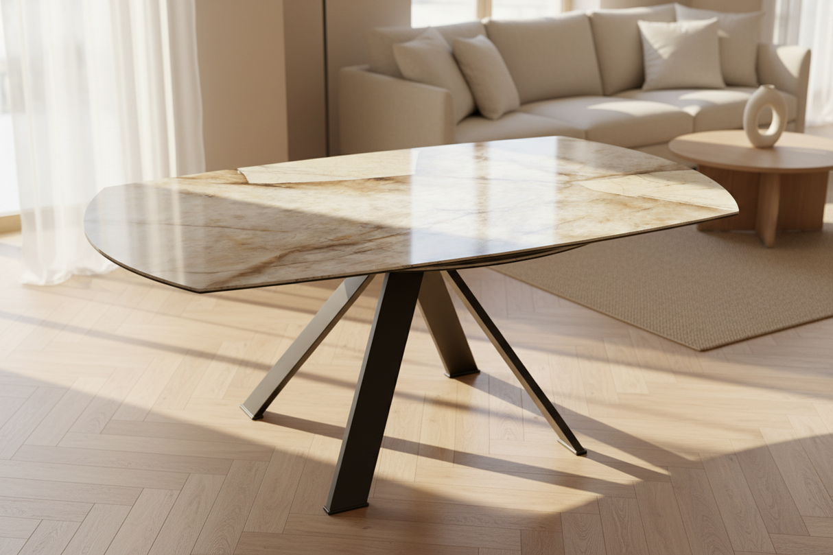 Table Austin Akante céramique rotative fermée – forme tonneau 115 cm, vue de face