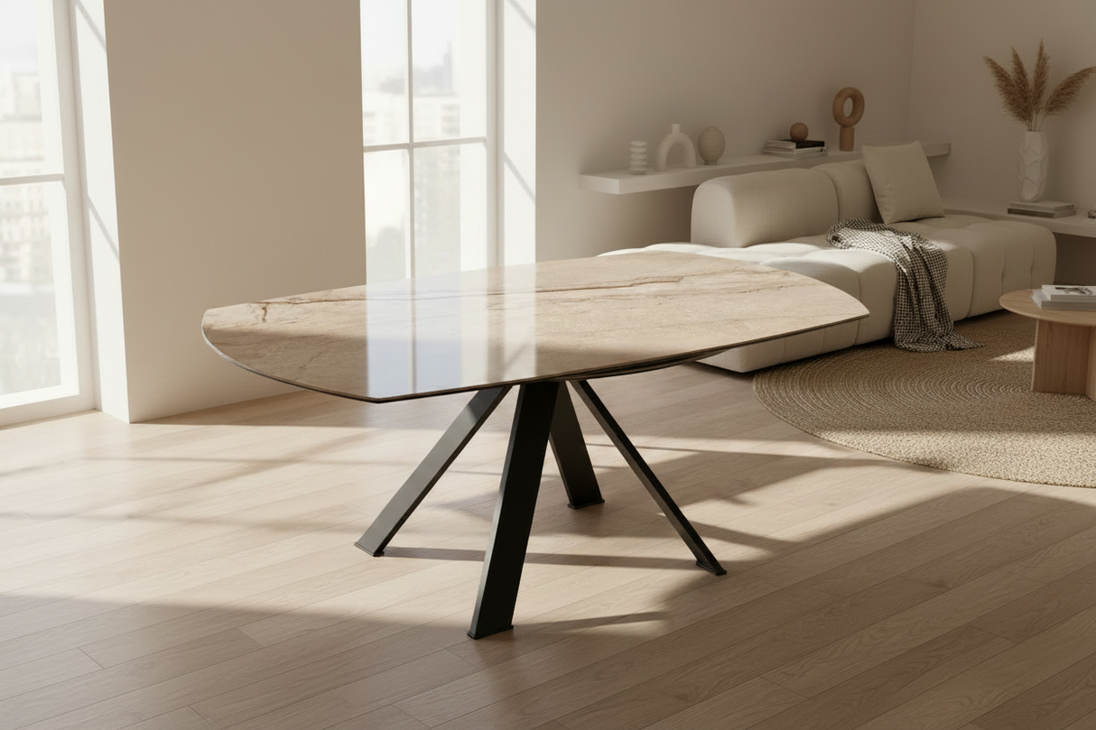 Table Austin Akante céramique rotative – détail piétement métal noir mat et structure