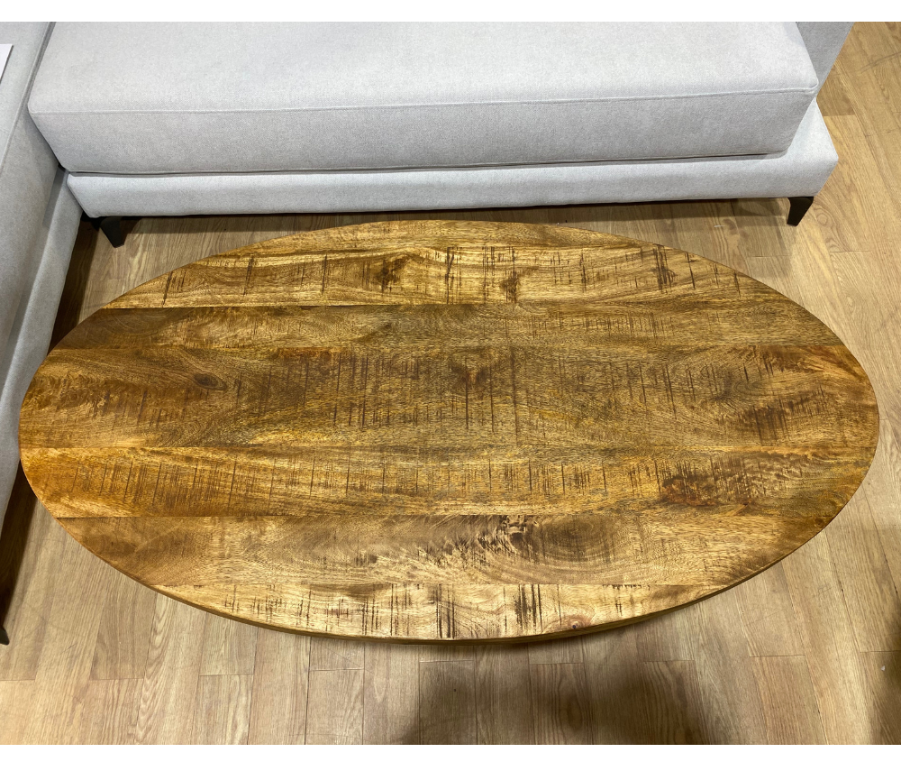 Table basse en bois massif ovale pieds métal central noir - Alexan