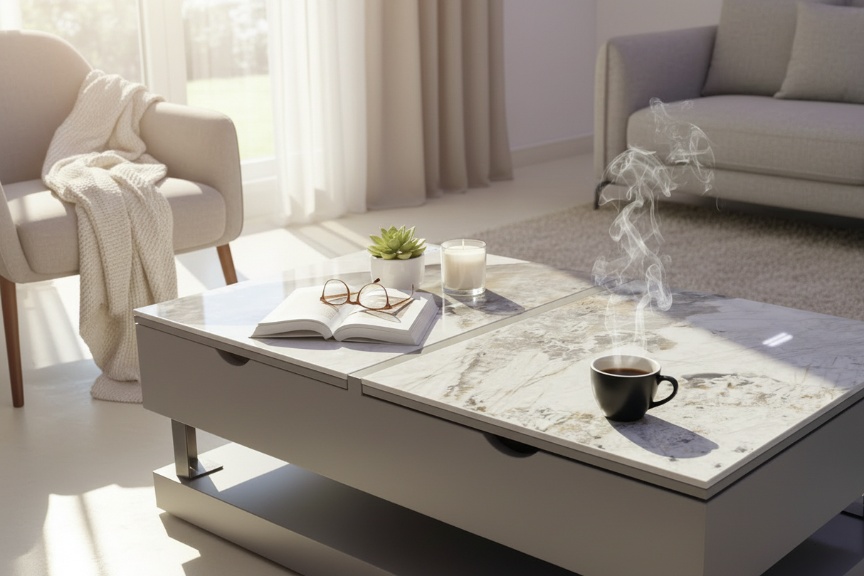 Table basse céramique - ambiance lifestyle chaleureuse