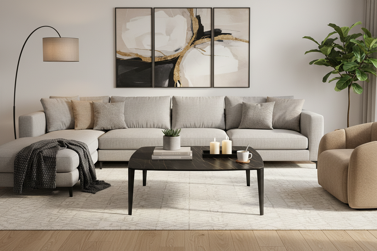 Table basse carrée céramique marbre noir dans salon moderne