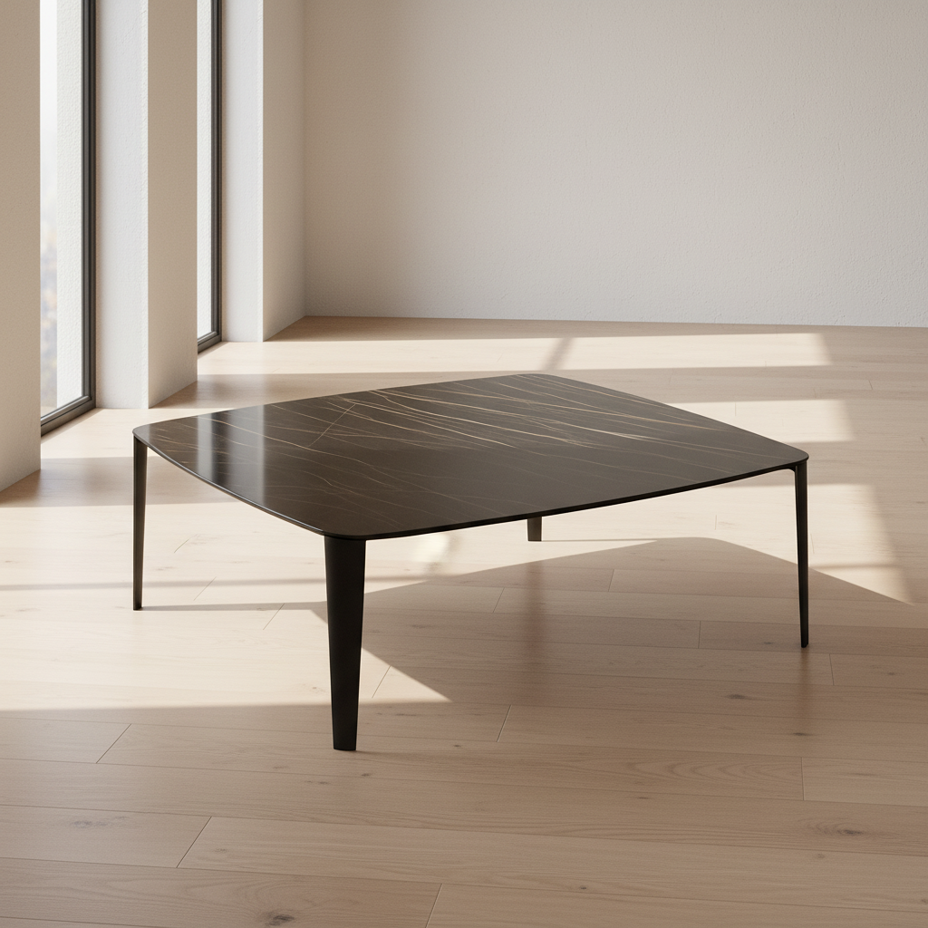 table basse carré ceramique effet marbre noir dans un salon