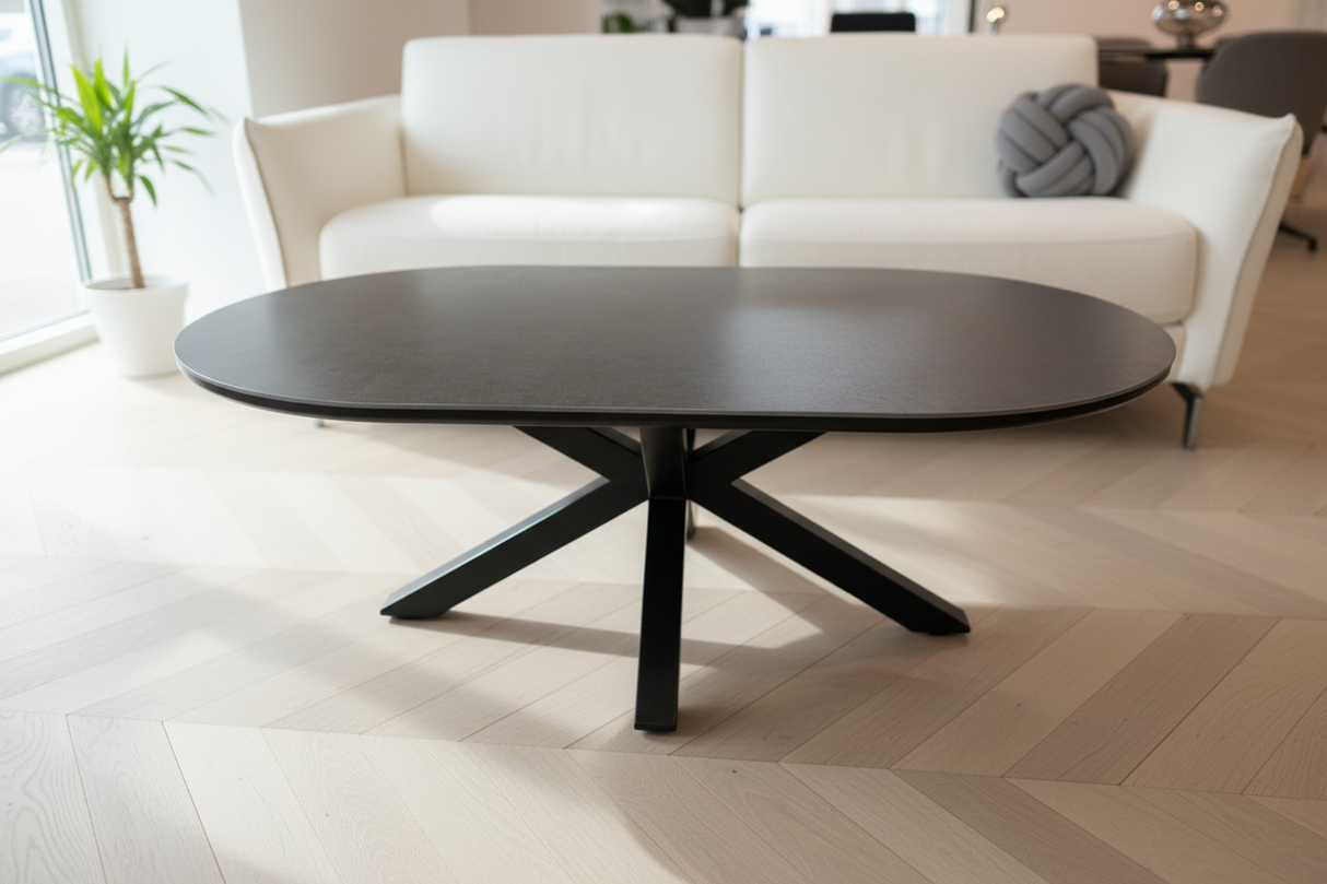table basse ovale céramique design pieds noir métal - Magasin de meuble Souffle d'intérieur à Yerres