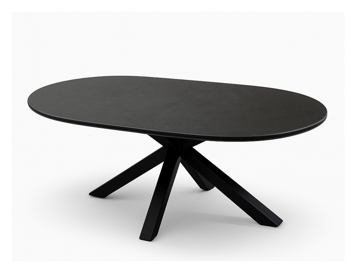 Table basse en céramique noire Ophélie, forme ovale et piètement métal noir design