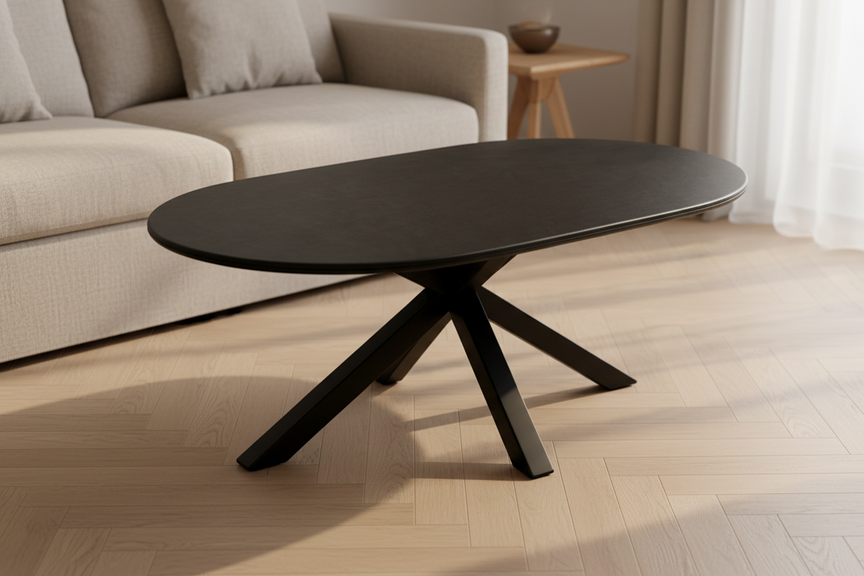Table basse en céramique noire Ophélie, forme ovale et piètement métal noir design