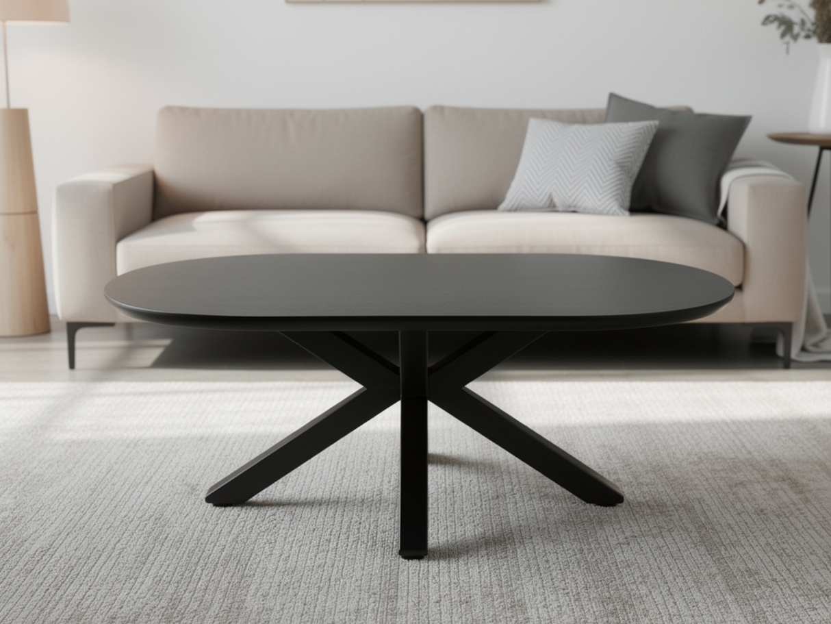 Table basse ovale en céramique noire Ophélie dans un salon contemporain