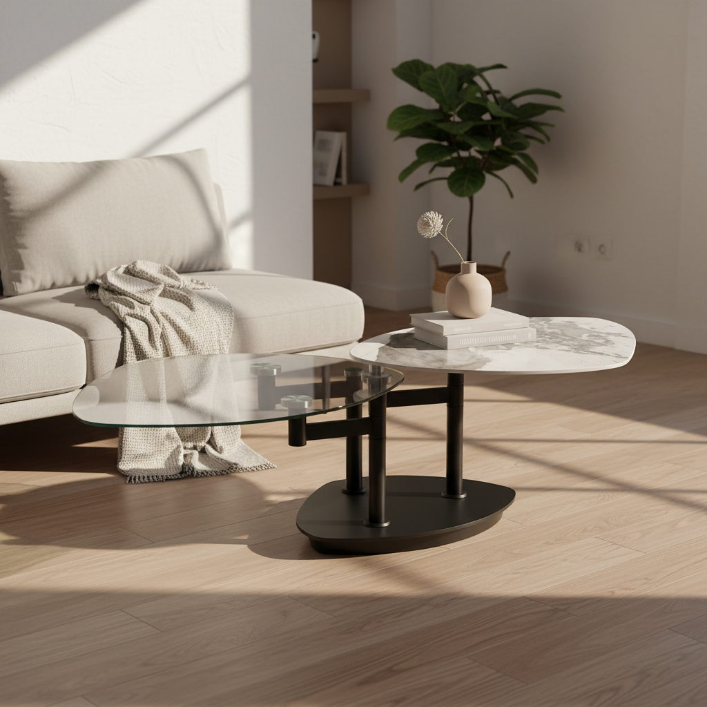 table basse céramique effet marbre pivotante et pieds métal noir en position ouverte