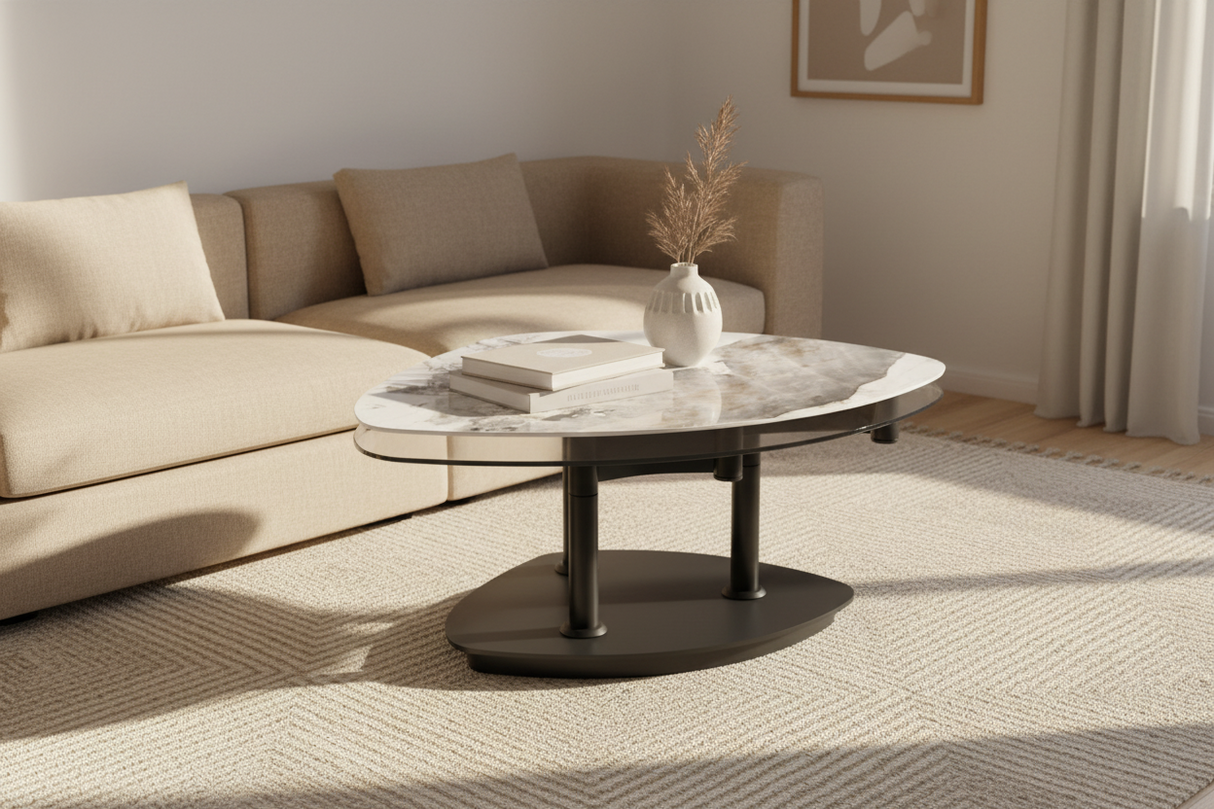table basse céramique effet marbre pivotante et pieds métal noir en position fermé