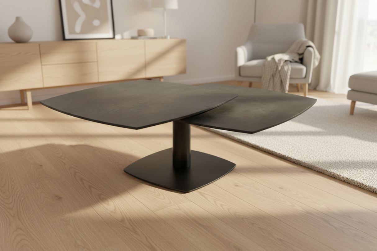 Table basse pivotante Theresa – vue de face – céramique rouille – pieds métal noir mat