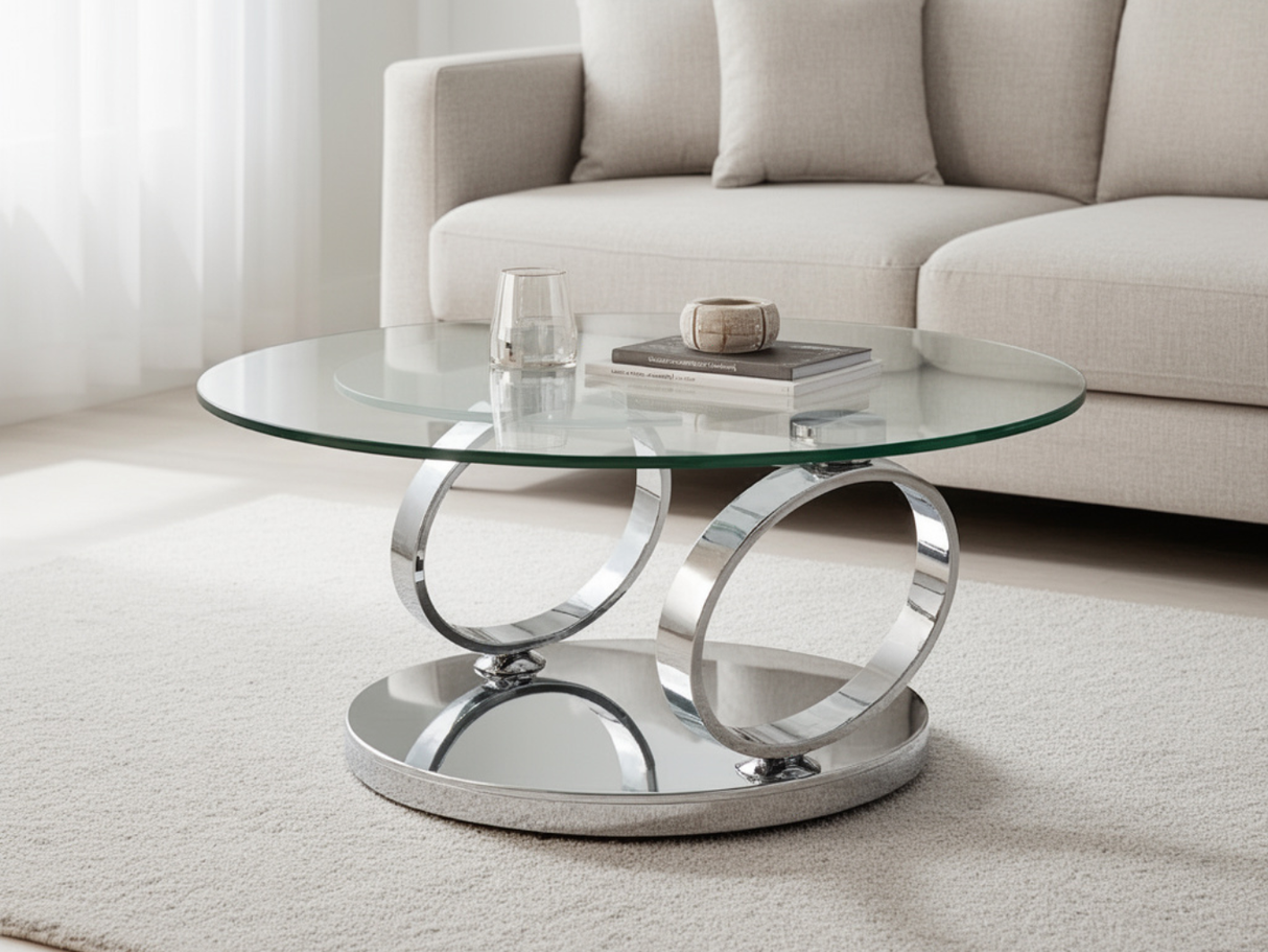 table basse ronde en verre pivotante pieds metal inox chrome - Souffle d'intérieur