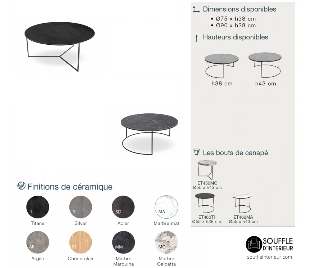 Table basse ronde en céramique design gigogne marbre noir - Vitaly