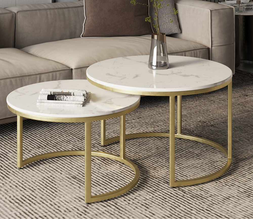 table basse gigogne ronde en marbre blanc et pieds doré - Souffle d'intérieur