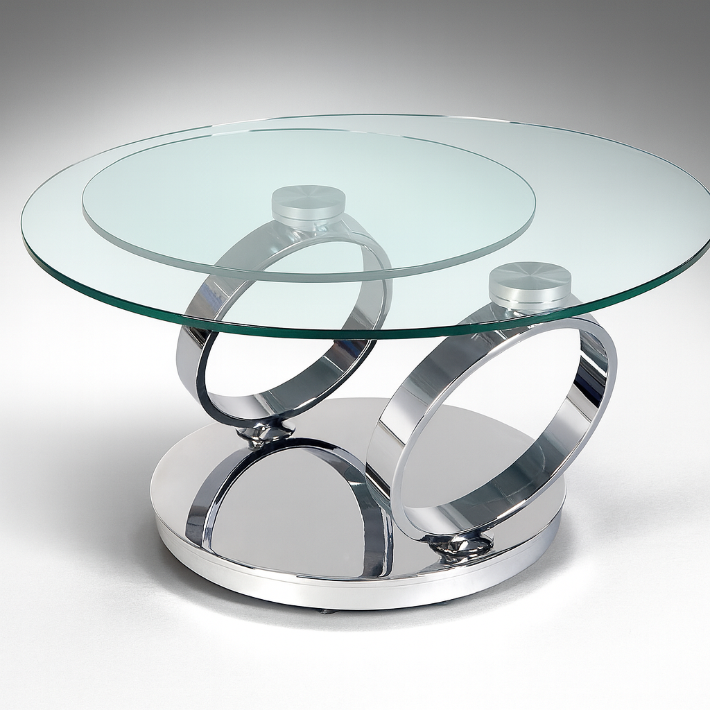 Table basse Olivia ouverte – double plateau pivotant en verre trempé et base chromée