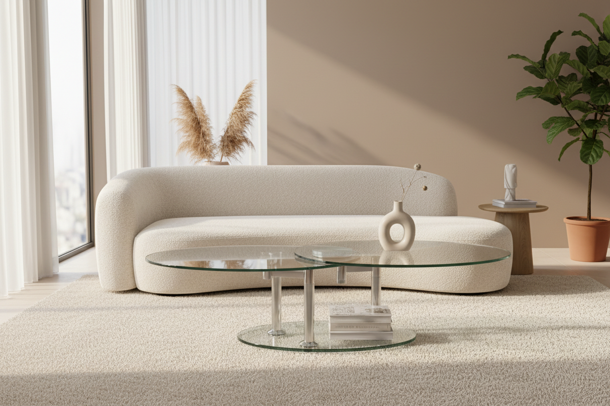 Table basse ovale Daniela – système rotatif – ouvert – verre trempé transparent