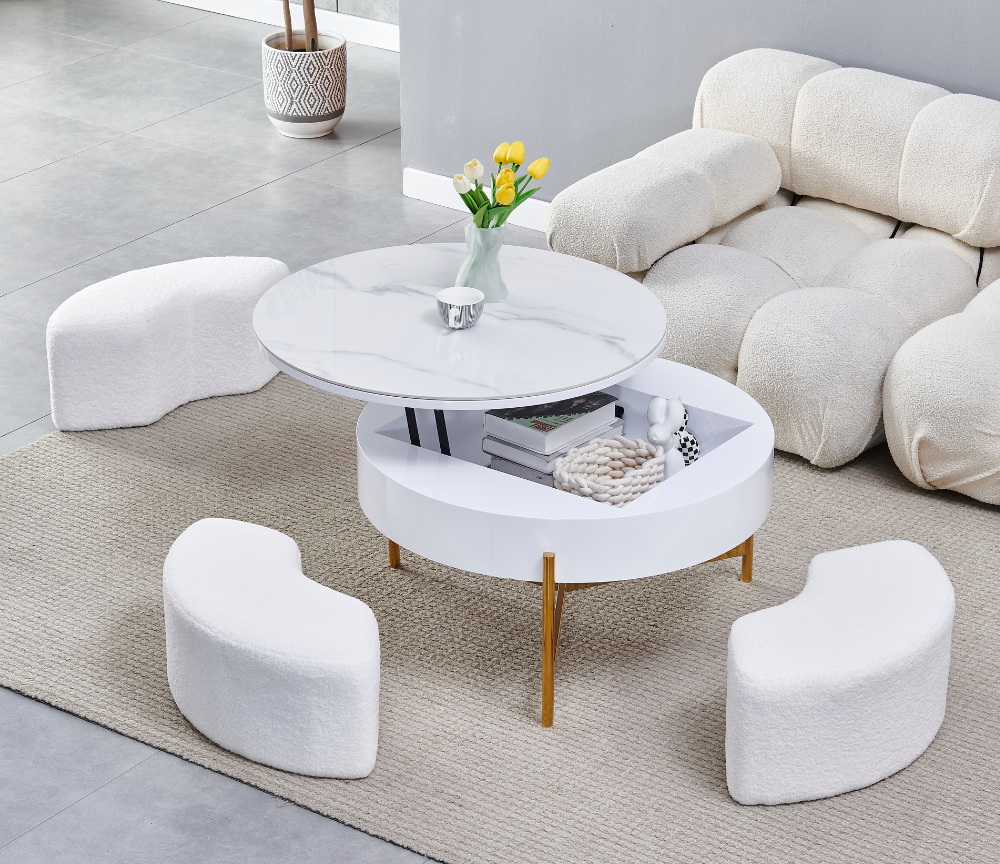 Table basse ronde plateau relevable céramique marbre blanc brillant - Luda