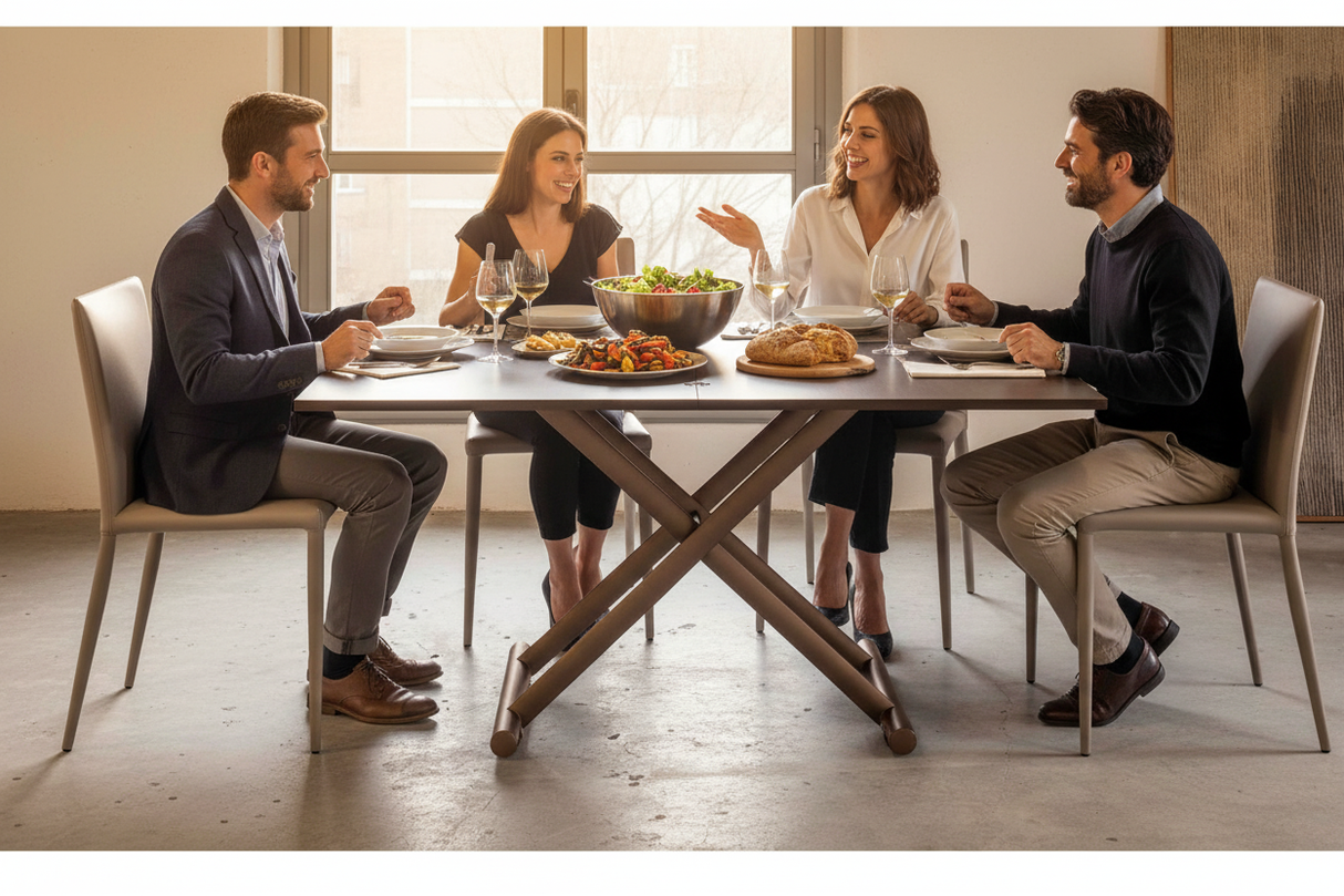 table basse relevable extensible en situtaion de déjeuener