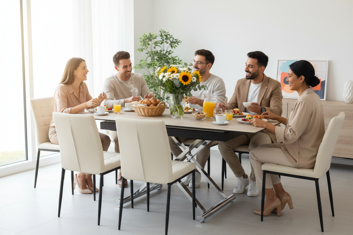 Table basse relevable céramique bois - Déjeuner avec chaises