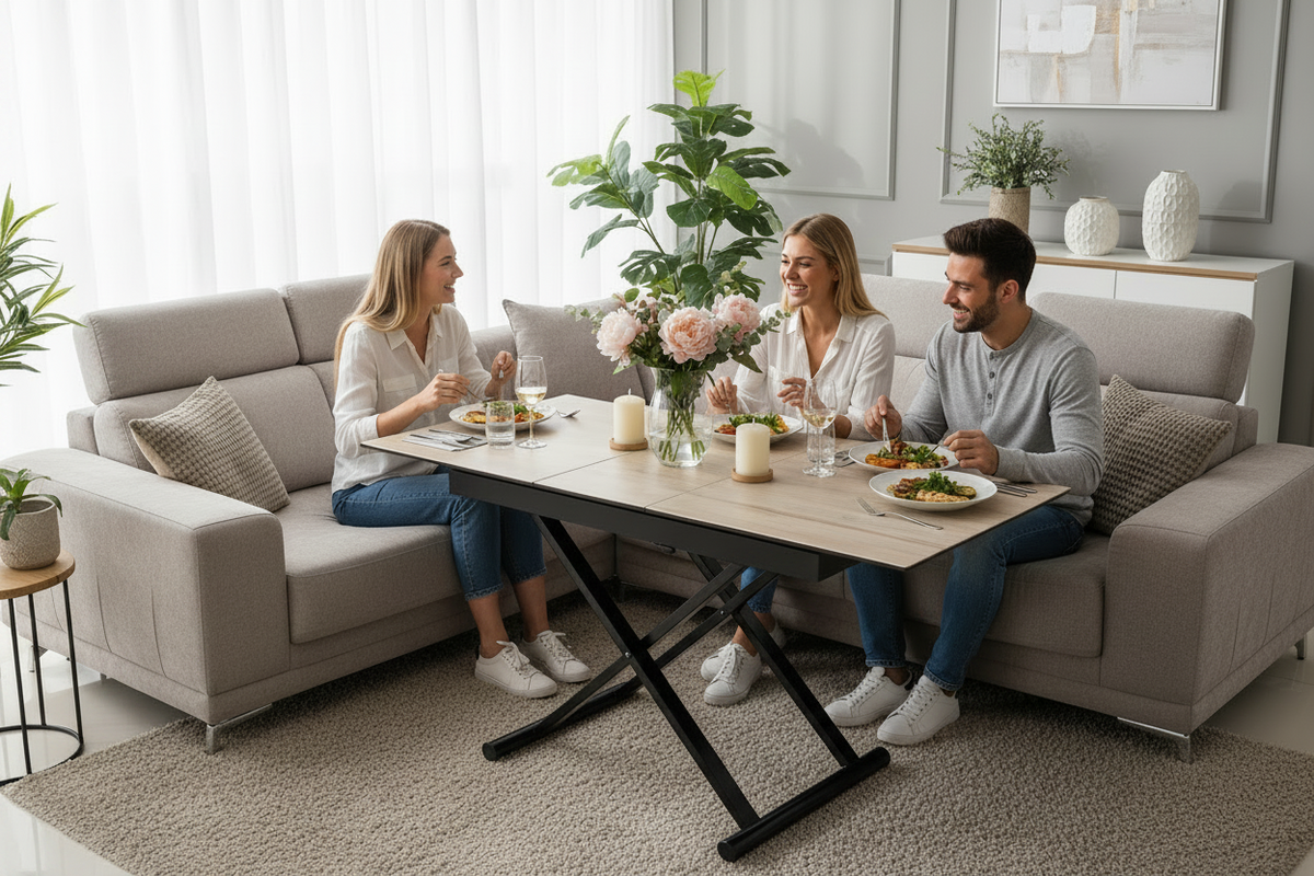 Table basse relevable et extensible céramique bois - Repas convivial