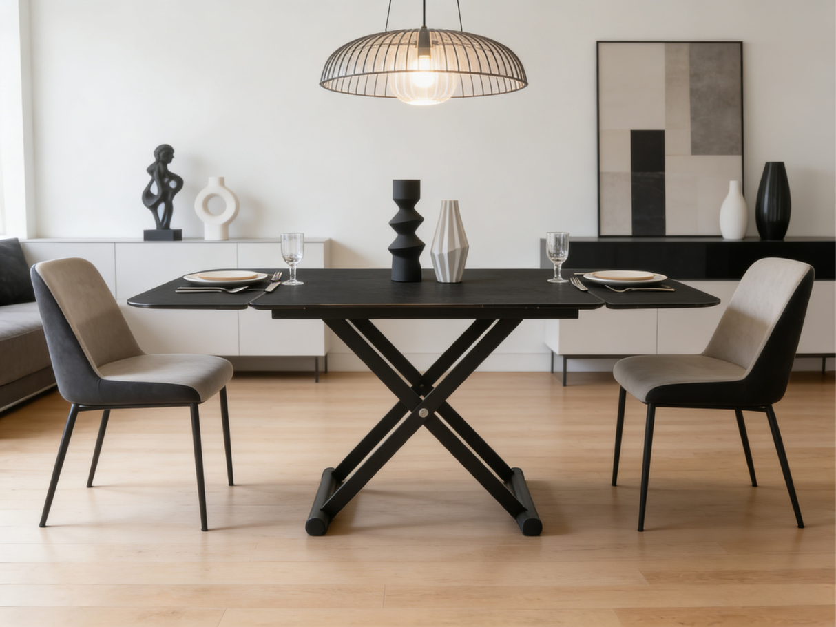 Table basse relevable Enora en céramique dans une salle à manger minimaliste avec suspension design