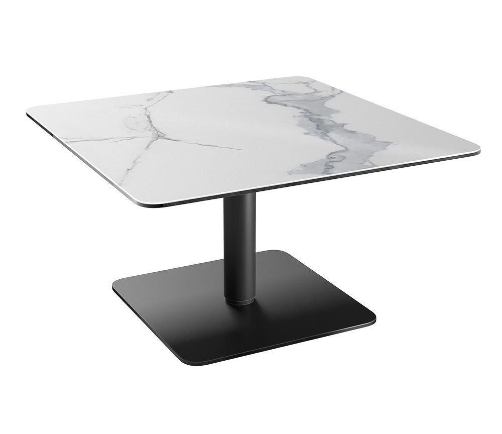 Table relevable Dorlan – plateau baissé – céramique marbre blanc carré - pied acier noir