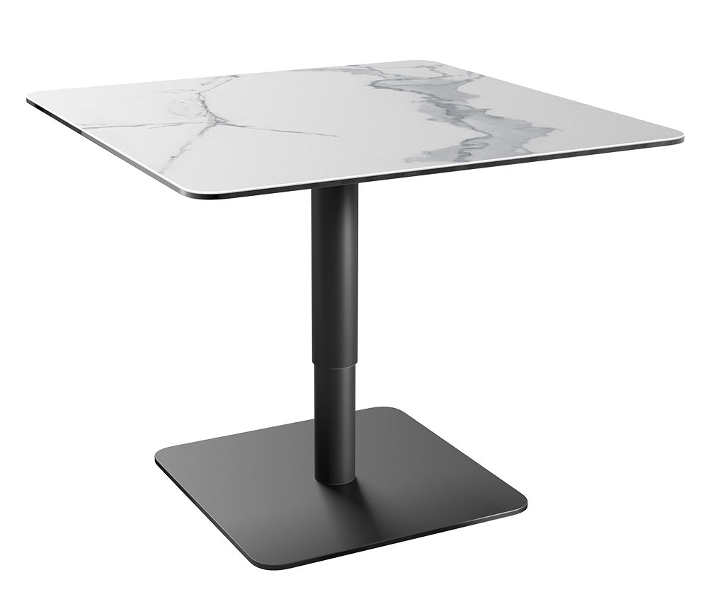 Table relevable Dorlan – plateau relevé – céramique marbre blanc carré - pied acier noir
