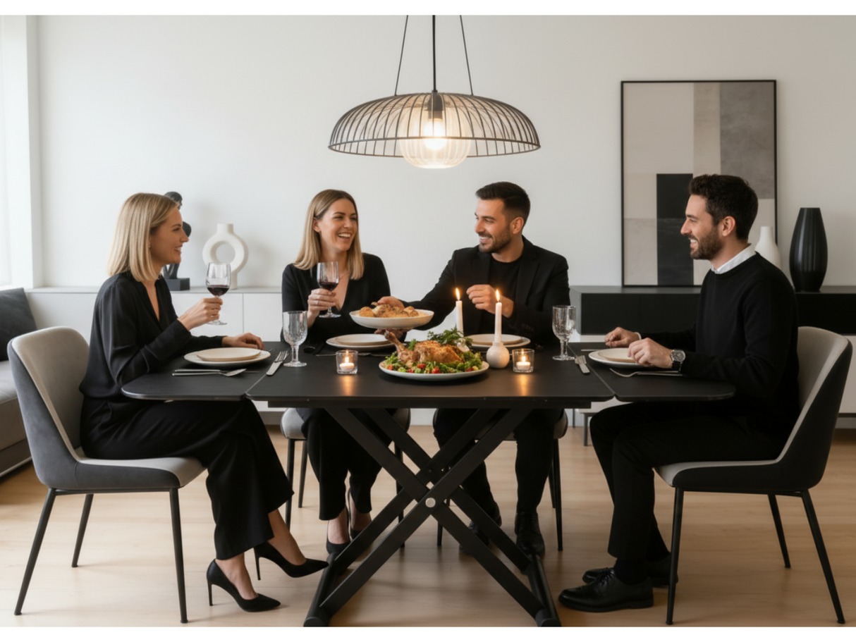 Table basse Enora relevable en céramique anthracite en position haute avec 6 convives partageant un dîner élégant dans un salon contemporain