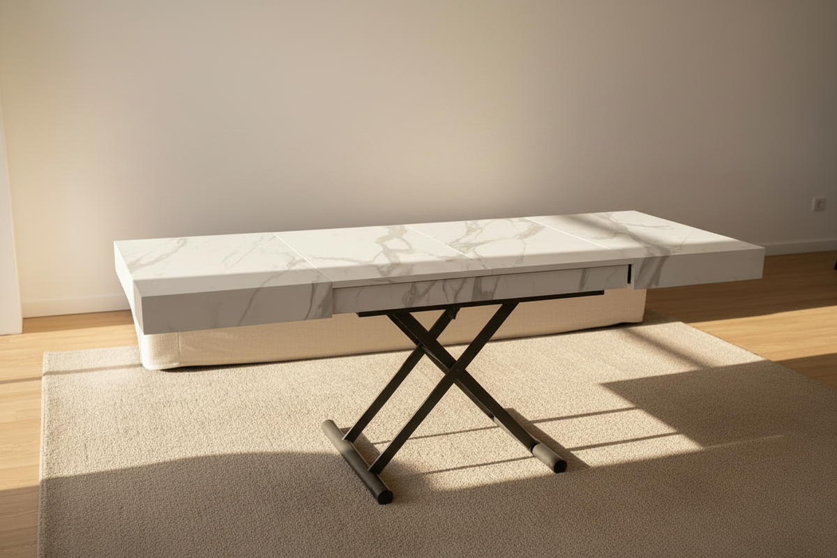 Table basse relevable transformable extensible exposé dans le magasin de meubles à Yerres - Souffle d'intérieur