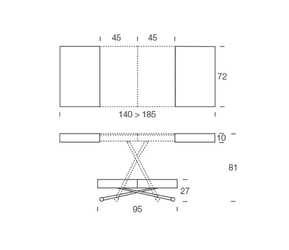 dessin des dimensions d'une Table basse relevable transformable blanche marbre extensible