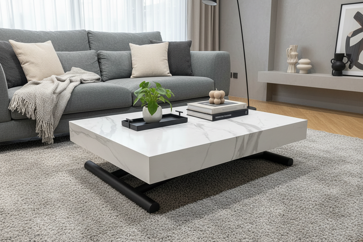 Table basse relevable estensible blanche en ambiance salon contemporain