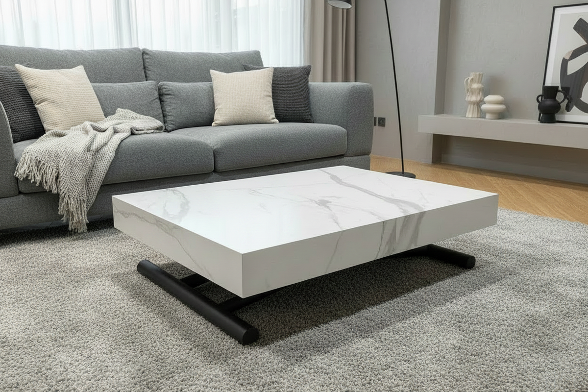 Table basse relevable estensible blanche en ambiance salon contemporain