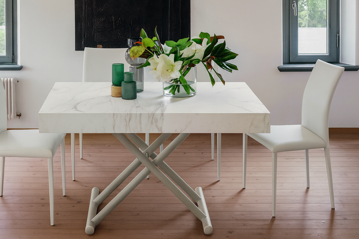 Table basse relevable extensible blanche Ulisse en position haute - Altacom - Souffle d'Intérieur