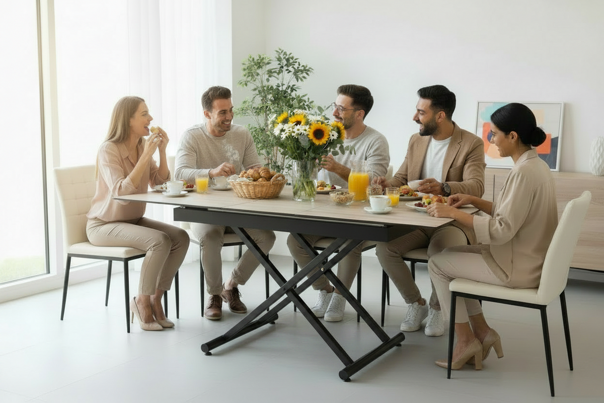 Table basse relevable et extensible céramique effet bois - Déjeuner avec chaises