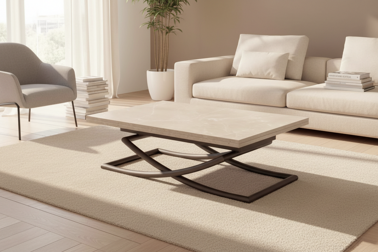 Table basse relevable extensible effet marbre en position fermé dans le salon - Altacom - Souffle d'intérieur